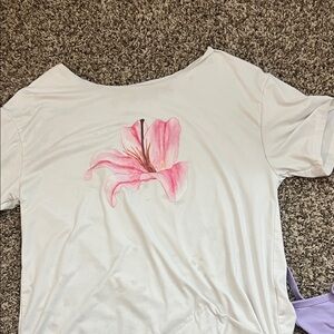 Amazon White Tee with Pink Floral Design off the shoulder